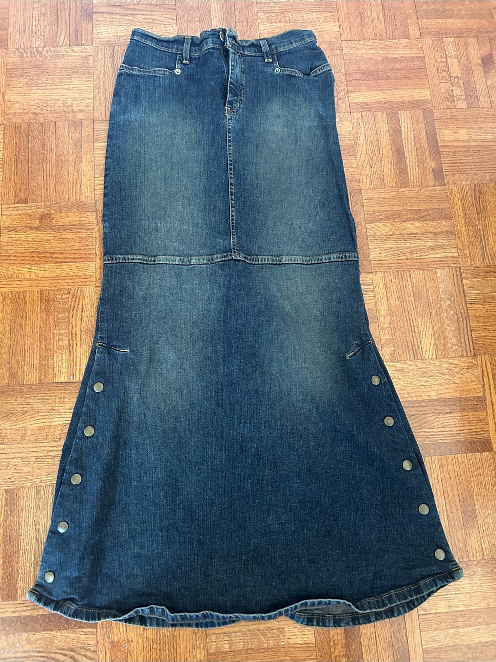 Dark Wash Denim Maxi Skirt with Side Snap Details